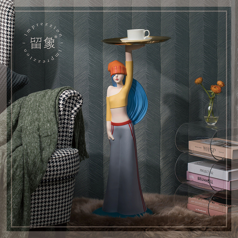 留象嘻哈女孩大型落地摆件托盘客厅沙发家居装饰品乔迁新居礼品