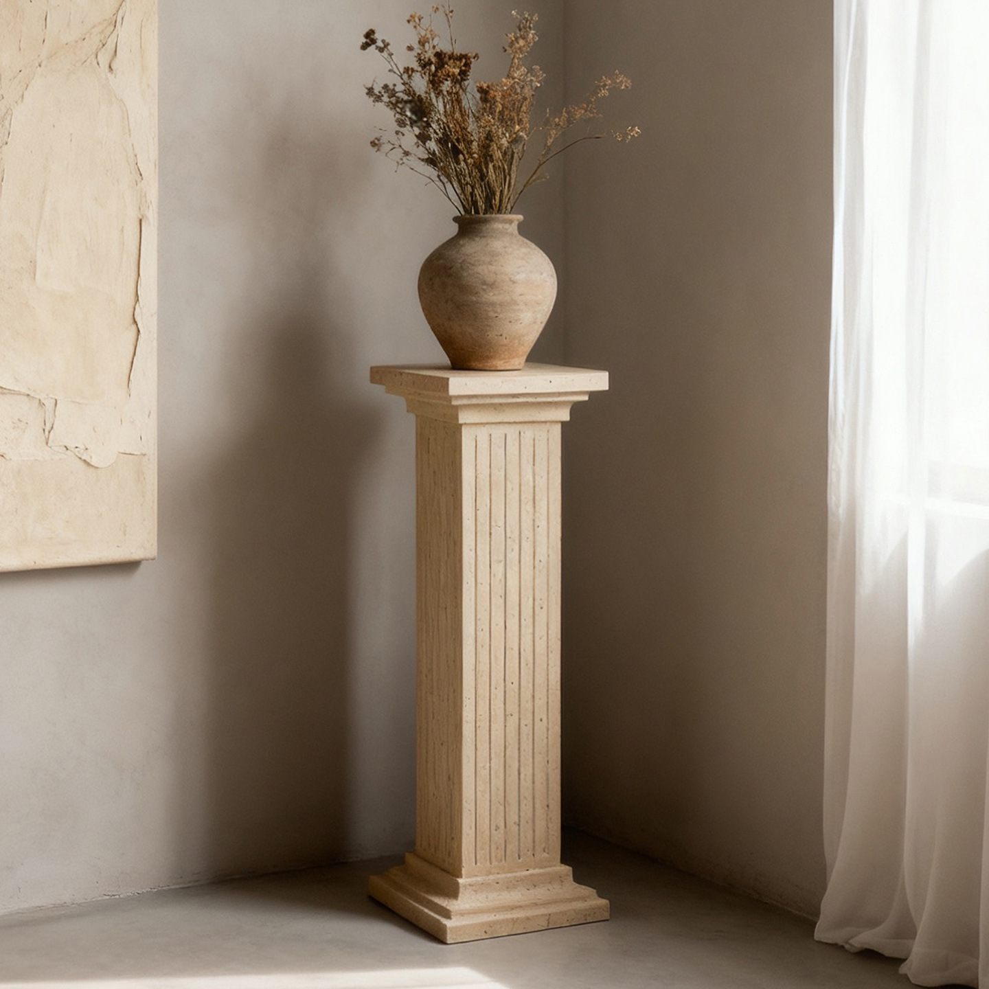 侘寂风黄洞石大理石罗马柱售楼部展示台商场石墩客厅落地基座摆件