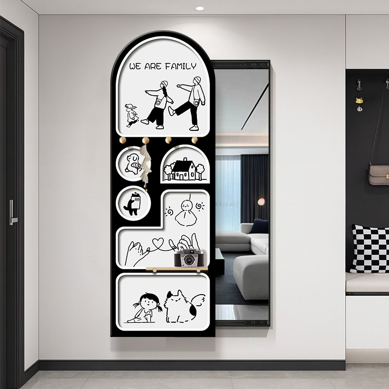 2026新款玄关全身镜装饰画洞洞置物板挂墙画暗藏推拉可关闭穿衣镜